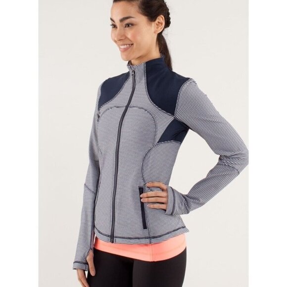 Lululemon Forme Jacket Womens Size 2 Navy Blue White Gingham Athletic Stretch - Picture 1 of 13